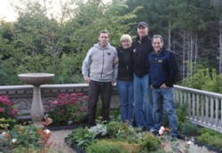 Dan Farrenkopf, Carolyn Hollenbeck, Phid Lawless and Sam Coplon with newly installed Lunaform birdbath photo by Kathy Suminsby